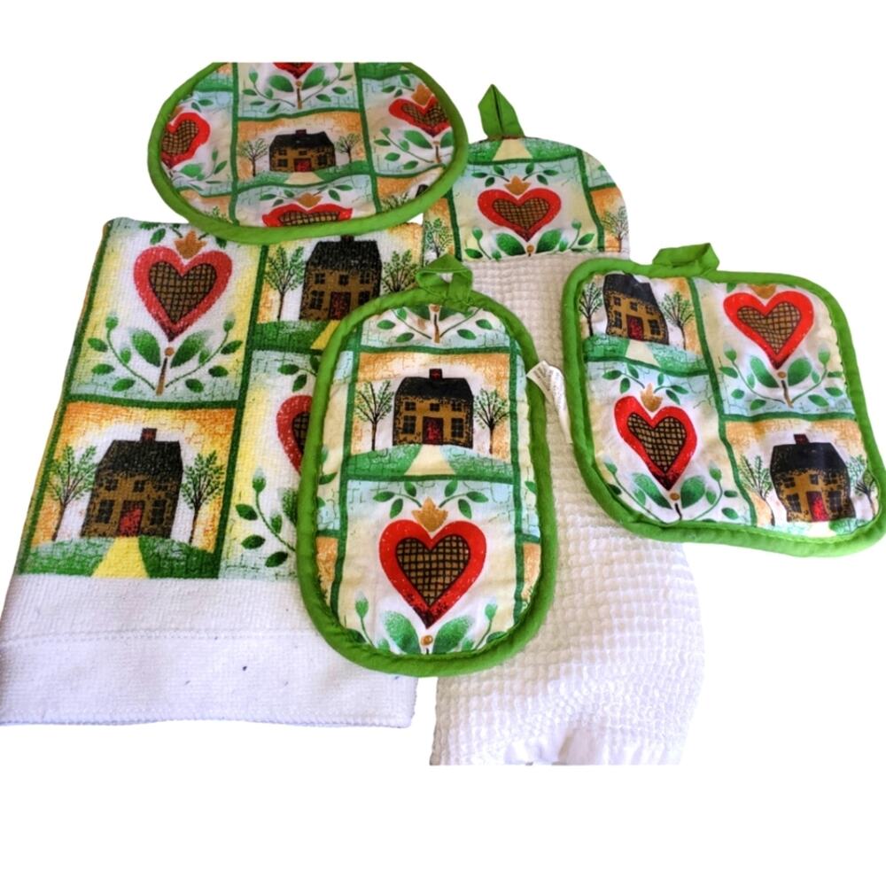 Home Is Where The Heart Is Vintage Towels and Pot Holders Set